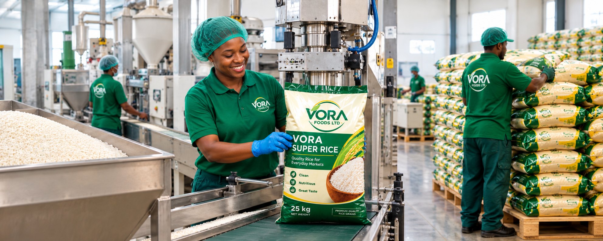 A VORA worker packing a 25kg bag of VORA Super Rice on the packaging line